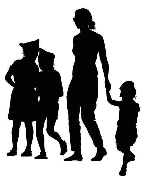 Familien Mit Kleinen Kindern Gehen Auf Der Straße Vereinzelte Silhouetten — Stockvektor