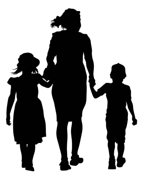 Famiglie Con Bambini Piccoli Che Camminano Strada Silhouette Isolate Persone — Vettoriale Stock