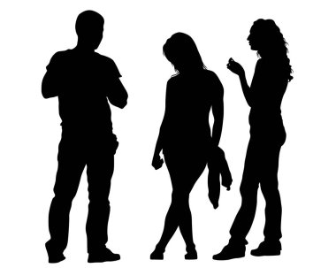 Sokakta yürüyen genç adam ve kadın. Beyaz arka planda izole edilmiş siluet