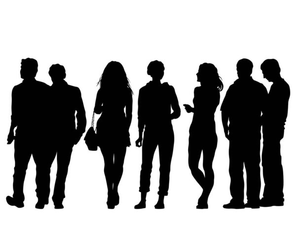 Молодой человек и женщина идут по улице. Изолированный силуэт на белом фоне