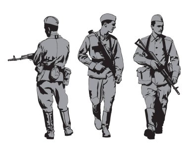 Sovyet askeri üniformalı ve makineli tüfekli. Beyaz arkaplandaki izole figürler