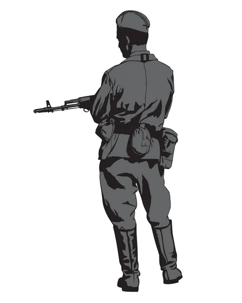 Soviet Army Soldier Uniform Machine Gun Isolated Figures White Background — Stock Vector