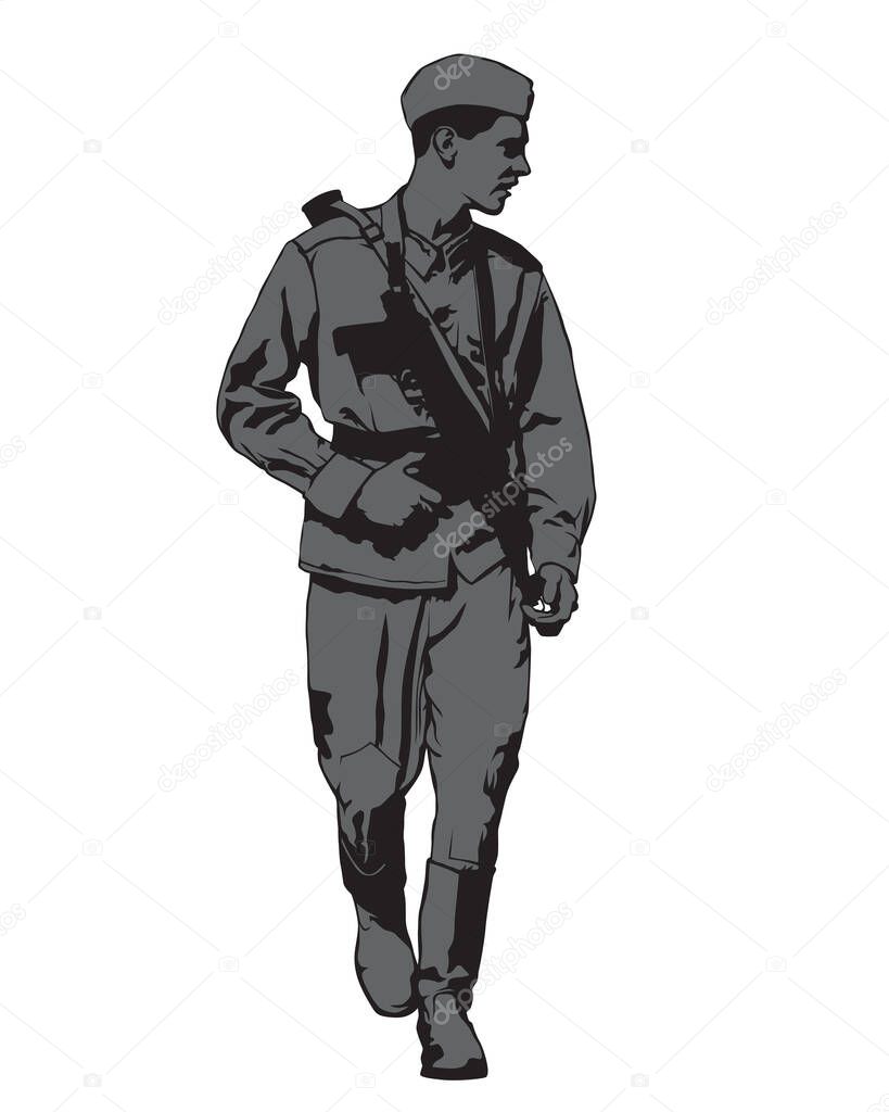 Soviet army soldier in uniform with a machine gun. Isolated figures on white background