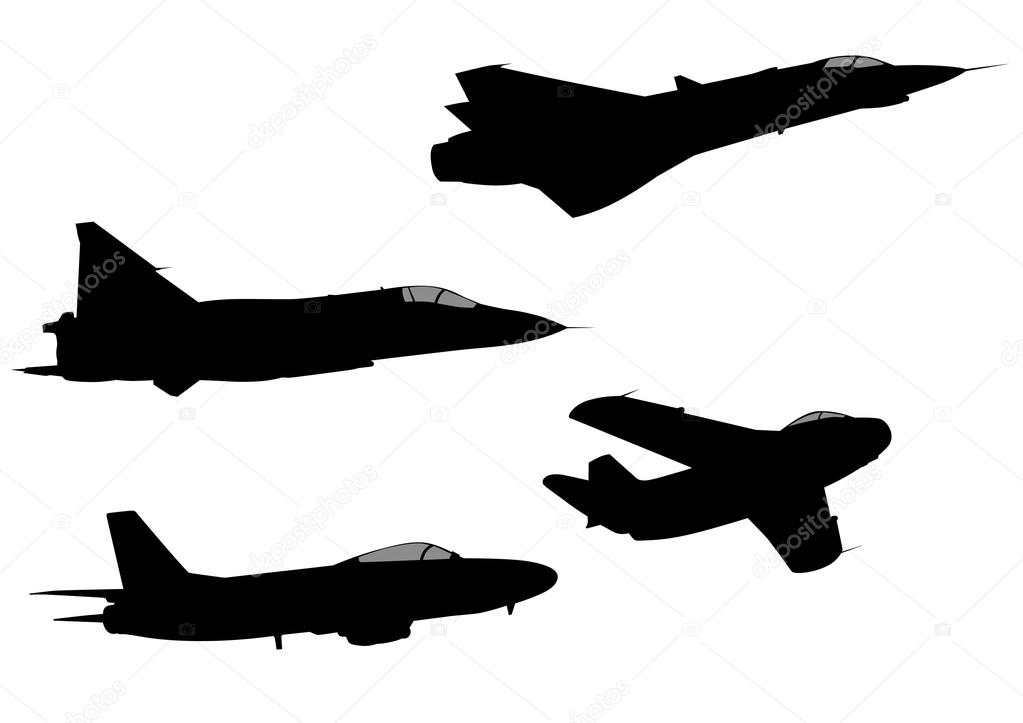 Силуэты военных самолетов на белом фоне.