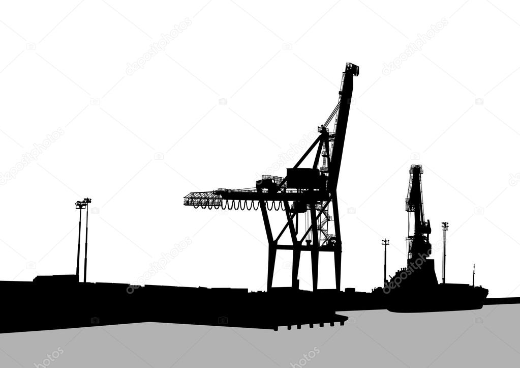 Cranes in port on a white background