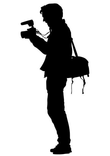 Beyaz zemin üzerinde bir kamera ile adam — Stok Vektör