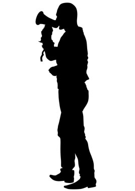 Adam beyaz bir arka plan üzerinde megafon ile