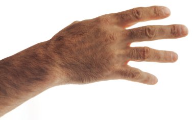 Erkek el merhaba demek için elini çeker. Beyaz arkaplan izole edilmiş