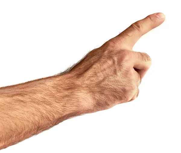 Homem Apontando Para Algo Com Mão Direita Fundo Branco — Fotografia de Stock