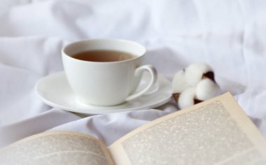 Bir fincan sıcak çay ve kitap.