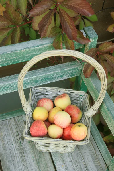 Mogna äpple i flätad korg — Stockfoto