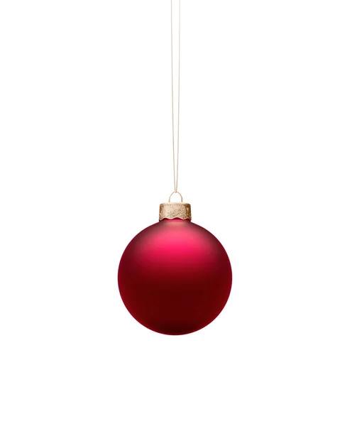 Bola Natal Vermelho Matt Pendurado Fio Dourado Isolado Fundo Branco — Fotografia de Stock