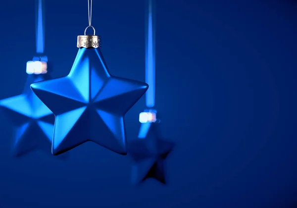 Drei Fünf Punkte Sterne Weihnachtsschmuck Königsblaue Kugeln Hängen Schnüren Vor — Stockfoto