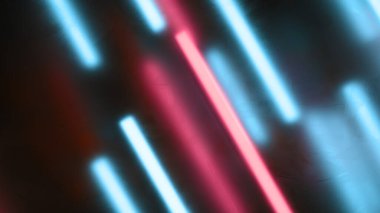 Soyut ışık çubukları arka planı. Koyu kırmızı arka plana karşı odaklanmış dikey Cyan ve kırmızı neon ışık çizgileri.