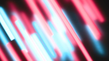 Soyut renkli arkaplan. Çapraz yönelimli kırmızı ve cyan ışık çubukları. Odaklanmamış ışık çizgileri.