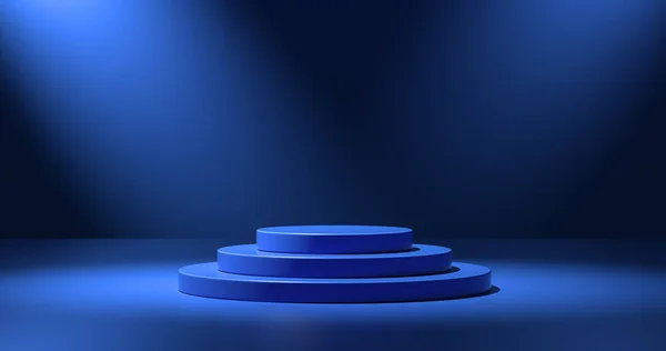 Blue exhibition stand. Close up of blank circular top platform. 3D shaded, two lights from top side. blue background.