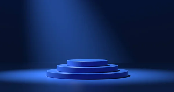 Mavi sergi standı. Boş dairesel üst platformu kapat. Üç boyutlu gölgeli, üstten iki ışık. koyu mavi arkaplan.