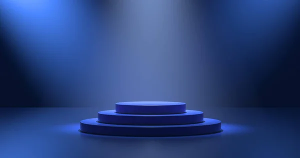 Ürün reklamcılığı için boş mavi platformun yakın görüntüsü. Üç boyutlu gölgeli kaide, tepeden gelen ışık. Koyu mavi arkaplan.