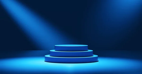 Blank blue podium for product presentation. Color round pedestal placed on studio floor. 3D shaded, light from top. blue color gradient in background.