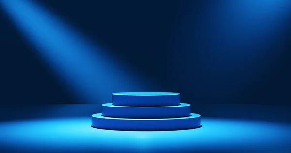 Ürün sunumu için boş mavi podyum. Stüdyo zeminine yerleştirilmiş yuvarlak renk kaidesi. Üç boyutlu gölgeli, yukarıdan gelen ışık. arkaplanda mavi renk gradyanı.