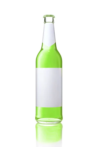 Frasco Vidro Transparente Único Com Rótulo Branco Branco Garrafa Cheia — Fotografia de Stock