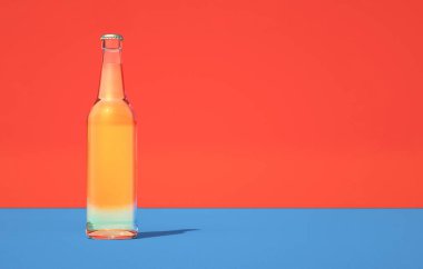 Bira şişesinin bilgisayar grafikleri. İçinde sarı sıvı bulunan cam bir kap. Retro kırmızı ve mavi renkler.