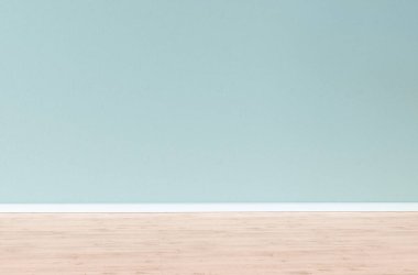 Açık mavi desenli duvar ve ürününüzü sergilemek için boş odada ahşap zemin, pencereden gelen ışık. 3B illüstrasyon.