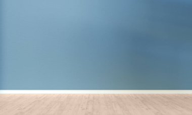 Açık mavi desenli duvar ve ürününüzü sergilemek için boş odada ahşap zemin, pencereden gelen ışık. 3B illüstrasyon.