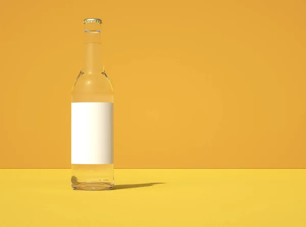 3D illustration of transparent glass beer bottle against yellow background. Illuminated from left side.