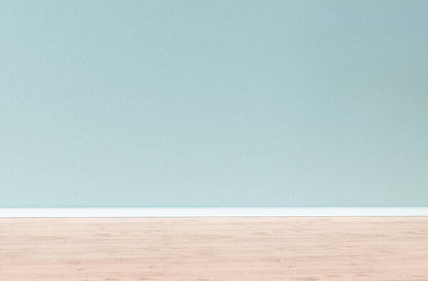 Light blue textured wall and wooden floor in empty room for displaying your product, light coming through window. 3D illustration.
