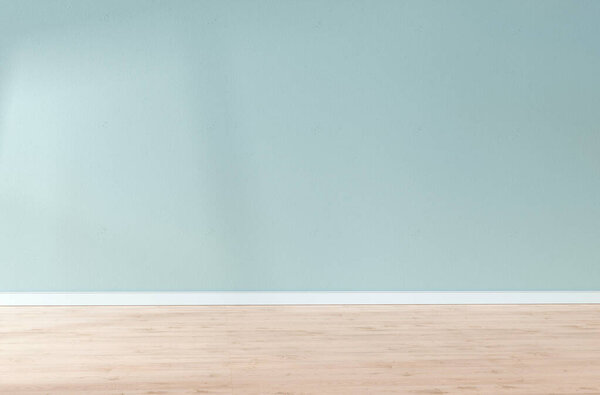 Light blue textured wall and wooden floor in empty room for displaying your product, light coming through window. 3D illustration.
