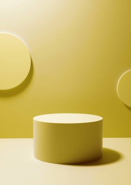 Duvarda, tasarım ya da ürün yerleştirme için fotokopi alanı olan iki boş beyaz plaketin önünde sarı stüdyo arka planında dairesel ekran kaidesi.
