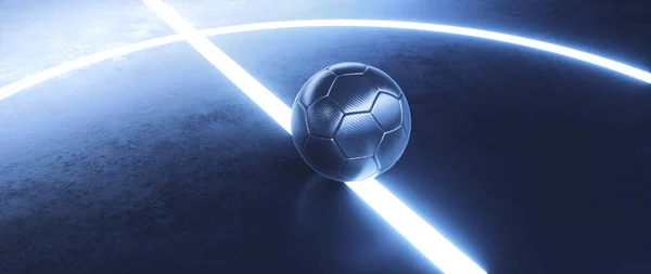 Fütüristik parlak ışık huzmesi üzerinde koyu siyah kapalı bir futbol sahası arka planında mavi futsal topu