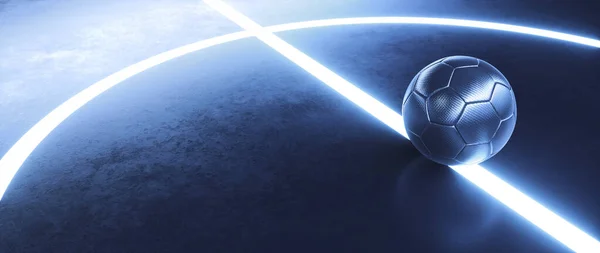 Fütüristik bir iç saha futbol sahasının ortasında parlak beyaz çizgileri olan mavi futsal topu.