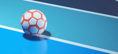 Beyaz turuncu futsal topu mavi iç saha futbol sahası arka planında