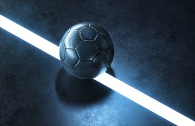 Futbol arka planında futbol topu olan boş bir gelecekçi futbol sahasının yakın çekimi