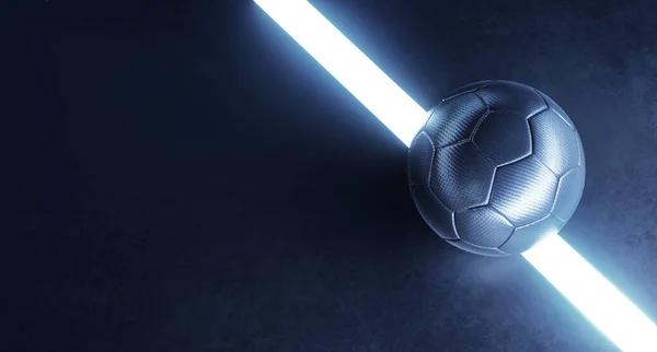 Top ve fotokopi alanı konsepti arka planında siyah gelecekçi futbol sahasının yakın çekimi