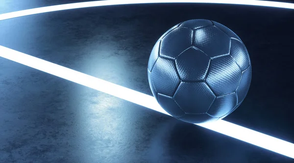 Futsal top fütüristik bir iç saha sahasının ortasında, arka plandan görünüyor.