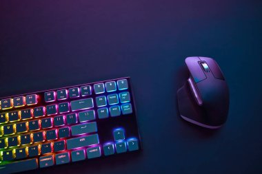 Klavye ve farenin koyu arkaplana karşı canlı arkaplan arkaplanının yukarıdan aşağı görünümü. Profesyonel bilgisayar oyunu, esport işi ve online dünya konsepti.