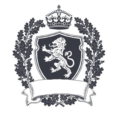 Black and white Coat of arms with heraldry lion. Emblem shield with crown and oak wreath. Ribbon with blank copyspace. clipart