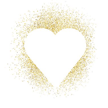 Altından parıltılı kalp çerçevesi, metin için yer var. Beyaz üzerine izole edilmiş altın toz taşıyıcısı. Sevgililer Günü kartları, düğün davetiyeleri, parti posterleri için harika.