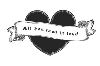 Yazılı kalp ve kurdele, vektör illüstrasyonlu