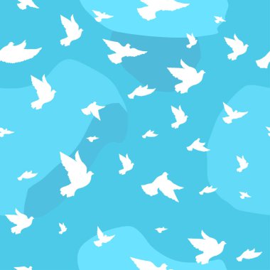 Beyaz güvercinler mavi gökyüzünün arka planında bulutlu. Vektörsüz desen