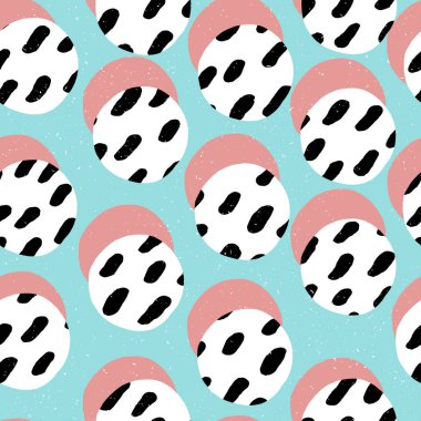 Pop-art tarzı Memphis 'in temalı kusursuz baskısı. Pembe Çemberler ve fırça darbeleri dokulu arkaplan dokusu. 