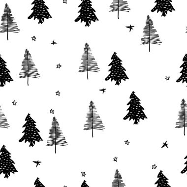 Noel ağaçlarının elle çizilmiş kusursuz deseni. Tatil sembolleri. Noel sembolünün soyut karalama çizimi. Tatil arkaplanı kusursuz.