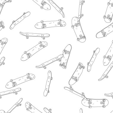 Kaykaylar arkaplansız vektör karalamaları. Ekstrem spor teması pürüzsüz desen.