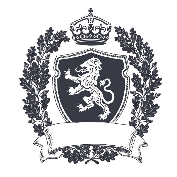 Black and white Coat of arms with heraldry lion. Emblem shield with crown and oak wreath. Ribbon with blank copyspace.