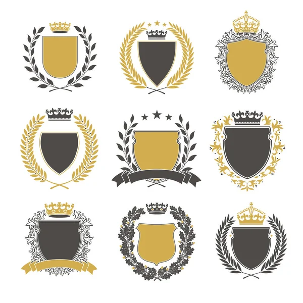 Colección Los Diferentes Escudos Silueta Oro Negro Coronas Coronas Que — Vector de stock