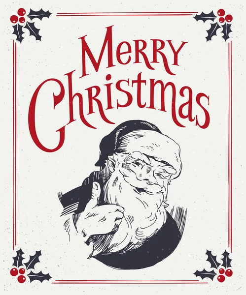 Frohe Weihnachten Retro Karte Handgezeichnetes Lächeln Und Gefallen Weihnachtsmann Illustration — Stockvektor