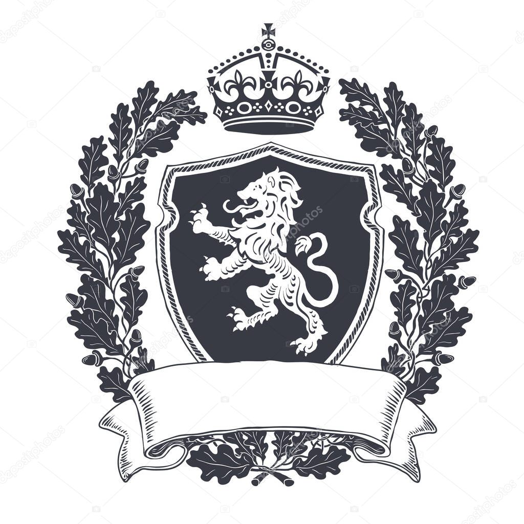 Black and white Coat of arms with heraldry lion. Emblem shield with crown and oak wreath. Ribbon with blank copyspace.